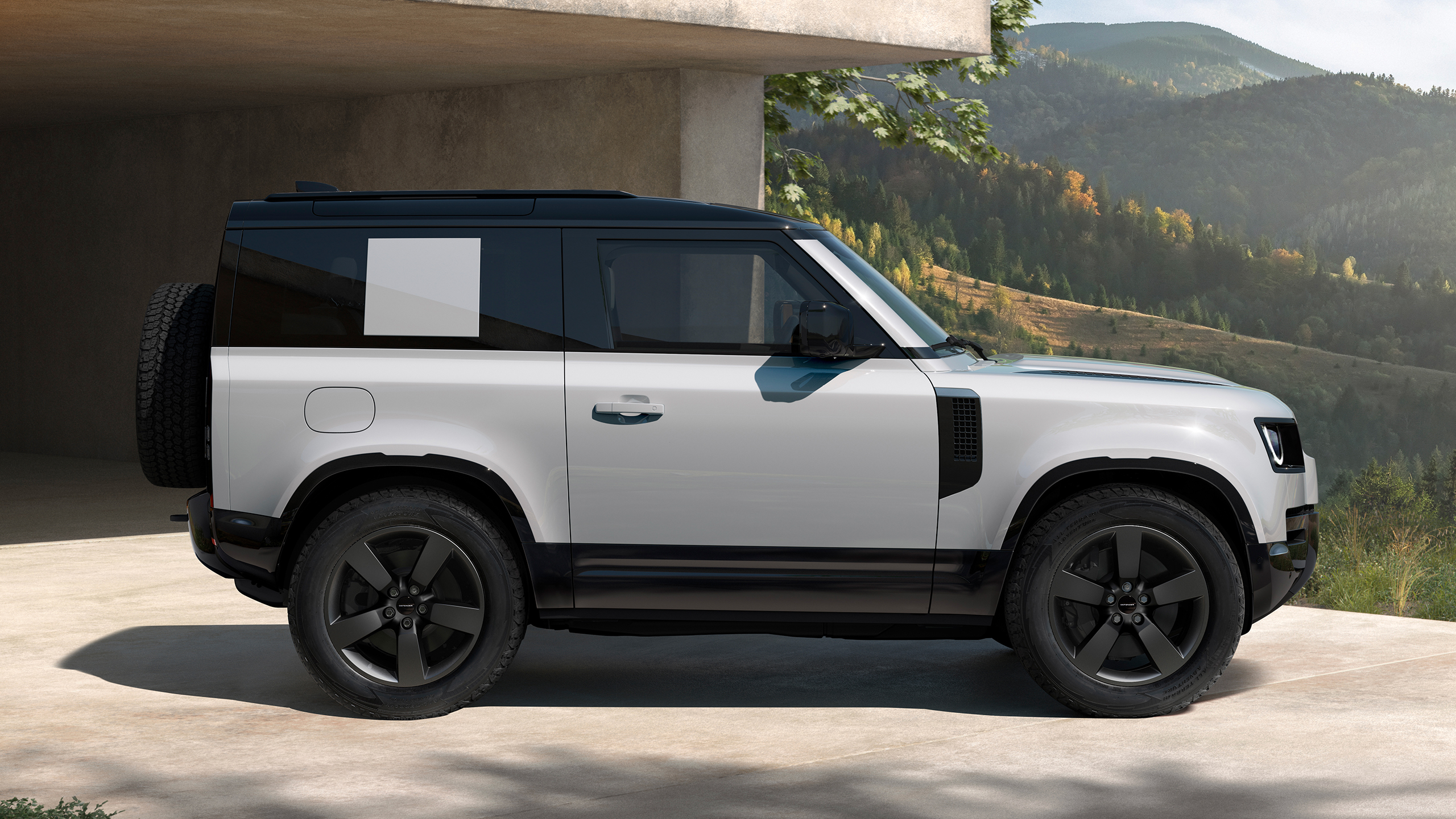 Defender parked side view.